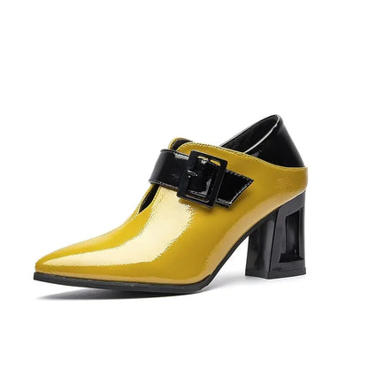Women's Pointed Toe Block Heel Pumps – Square Buckle Two-Tone Patent Shoes