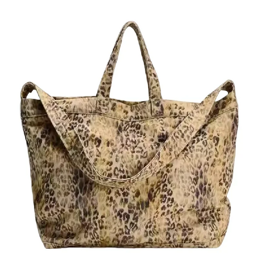 Leopard Print Canvas Tote Bag – Large Vintage Shoulder Bag