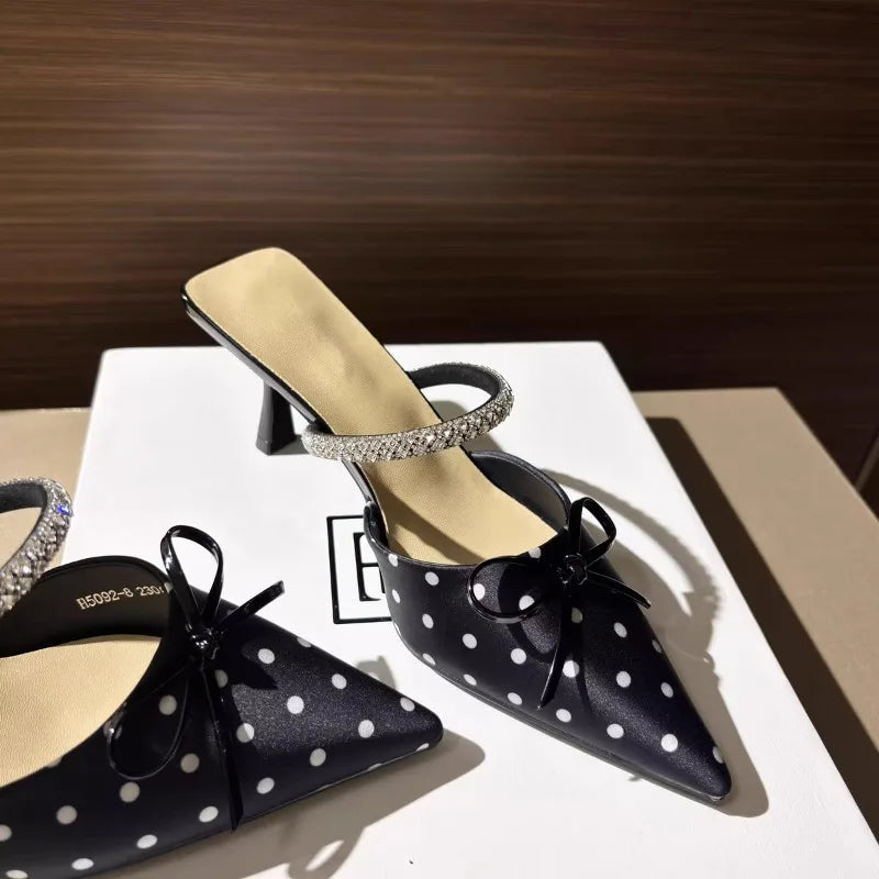 Polka Dot Pointed Toe Heeled Mule Slippers for Women