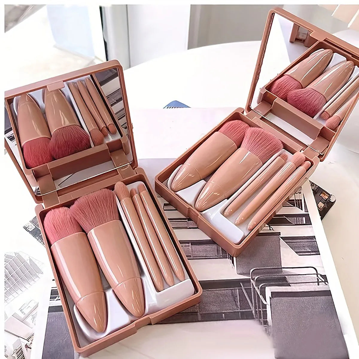 5-Piece Mini Travel Makeup Brush Set with Foldable Mirror