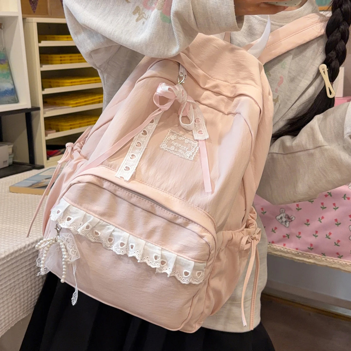 Lace Bow Nylon Backpack – Women's Cute Aesthetic School Bag