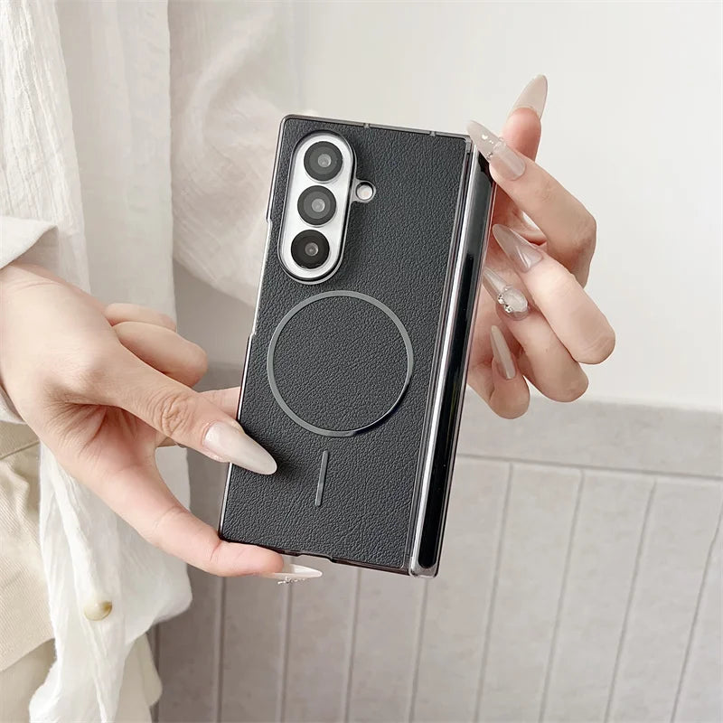 Magnetic Vegan Leather Case for Samsung Galaxy Z Fold 4 5 6 7 – Shockproof Cover