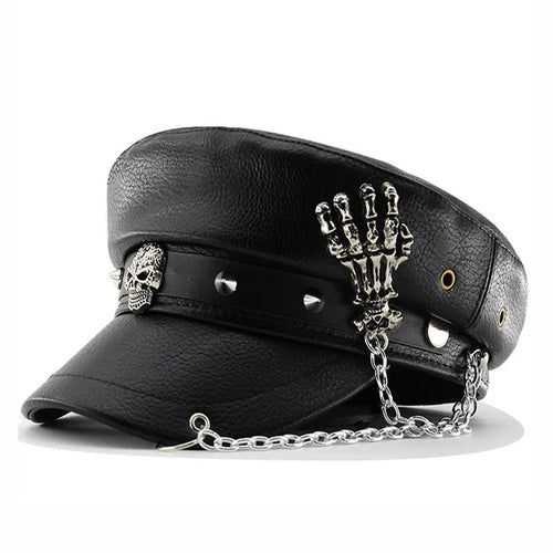 Punk Style PU Leather Military Cap with Skull Chain