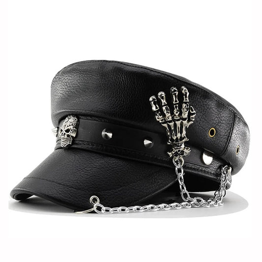 Punk Style PU Leather Military Cap with Skull Chain