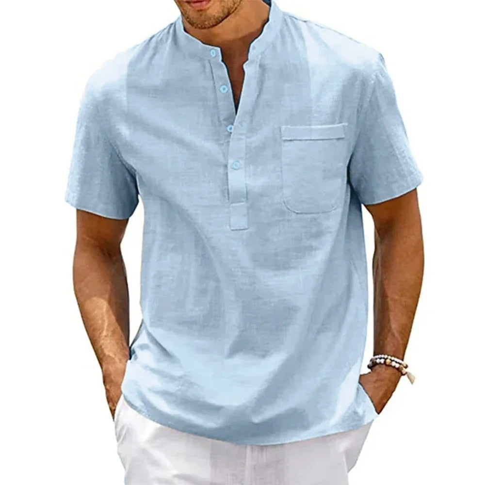 Men's Cotton Linen Henley Shirt – Short Sleeve Beach Top with Pocket