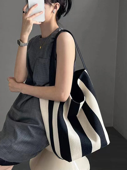 Striped Canvas Bucket Commuter Tote Bag