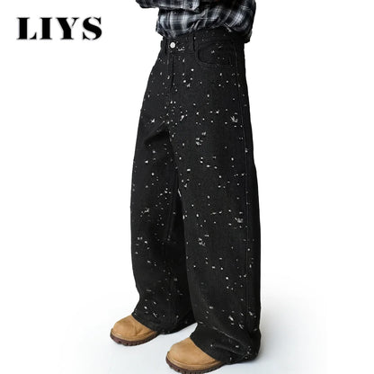 Distressed Crochet Jacquard Wide Leg Jeans – Retro Black Denim