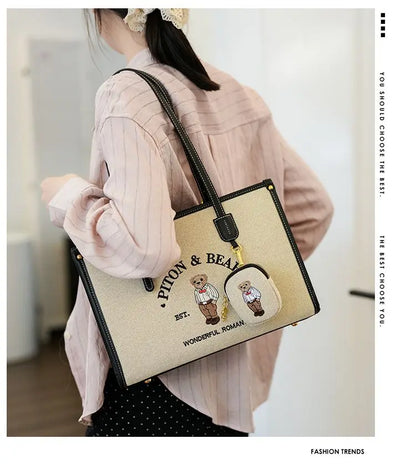 Harajuku Bear Cute Tote Bag Women Vintage Embroidery Chic Casual Shoulder Bags