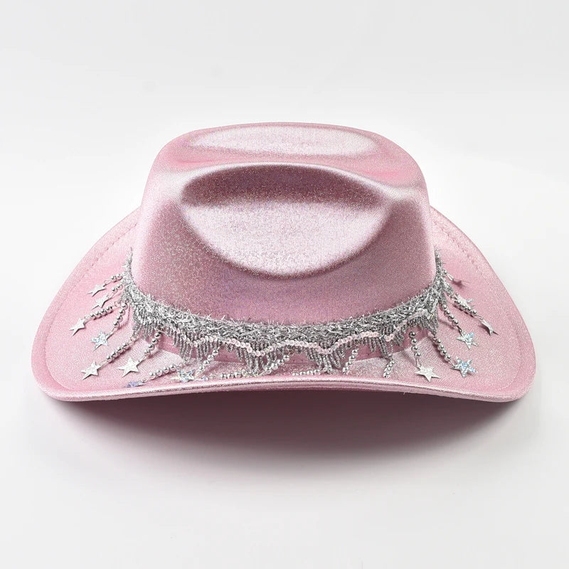 Sequin Cowgirl Hat with Rhinestone Star Fringe – Women's Festival & Party Hat