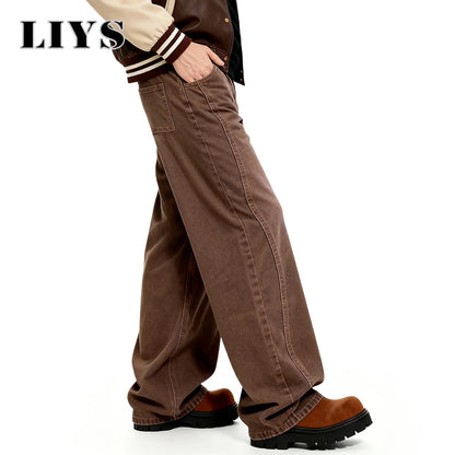 Brown Baggy Wide Leg Jeans – Retro Cartoon Embroidery Loose Denim Pants