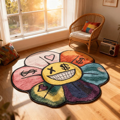 Colorful Flower Smiley Face Area Rug – Soft Non-Slip Floor Mat