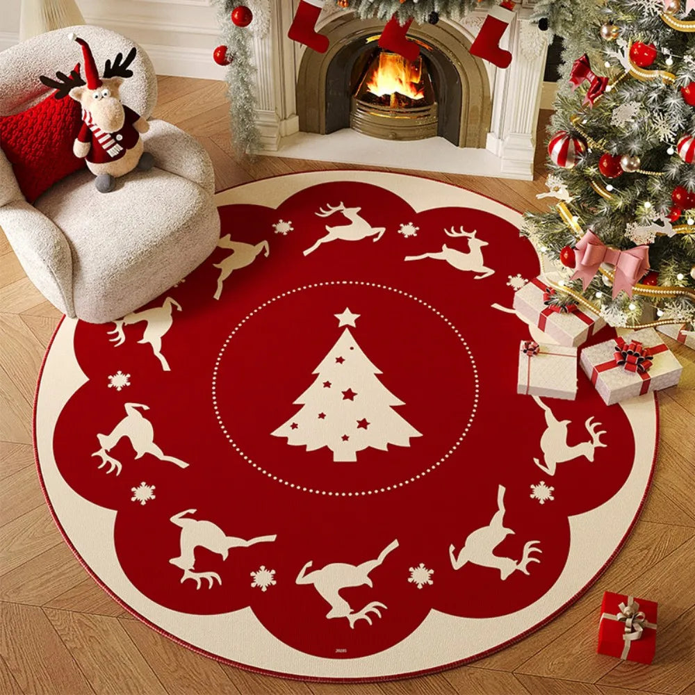 Christmas Round Rug – Reindeer & Tree Anti-Slip Carpet