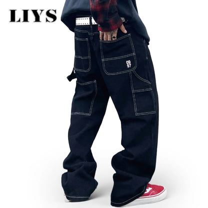 Retro Black Cargo Denim Jeans Men – Straight Leg Korean Streetwear Pants