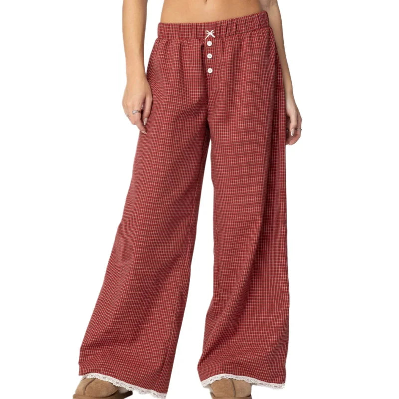 Women's Plaid Baggy Pants Elastic Waist Drawstring Lounge Trousers