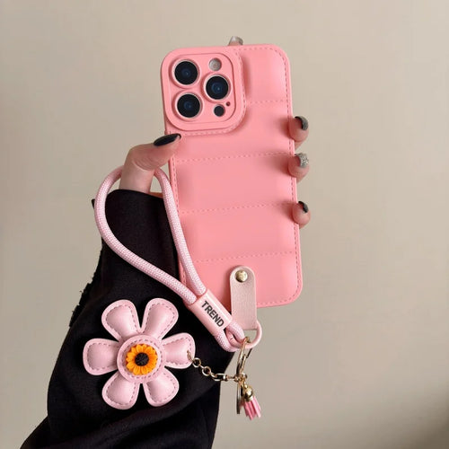 Quilted Puffer iPhone Case with Flower Wrist Strap – Candy Colors