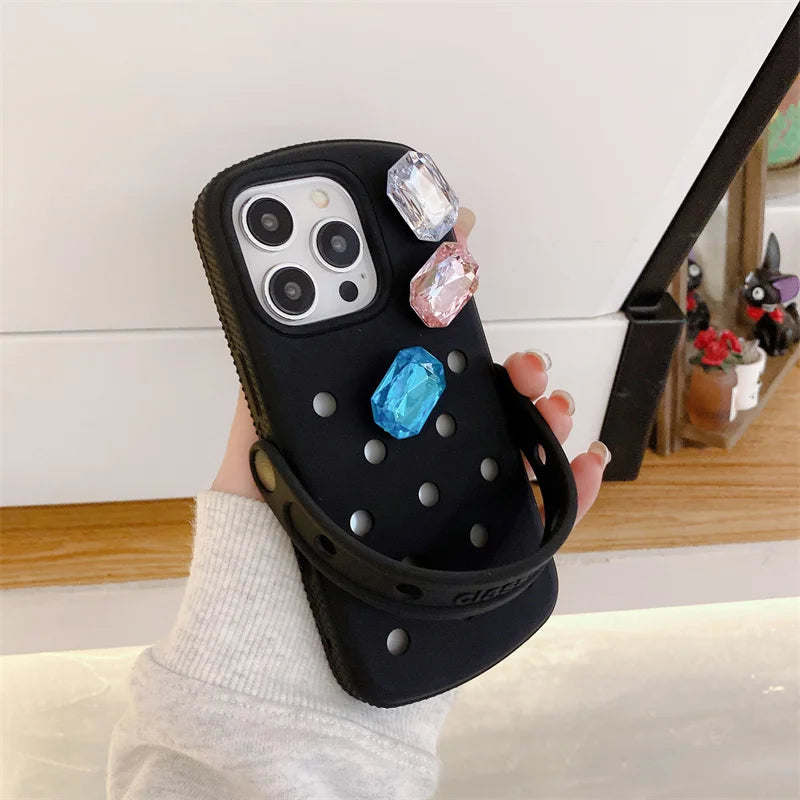 Crystal Charm Croc-Style iPhone Case – iPhone 16 / 15 / 14 / 13 / 12 / 11