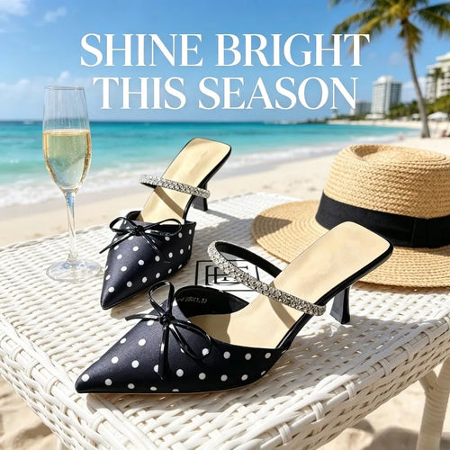 Polka Dot Pointed Toe Heeled Mule Slippers for Women
