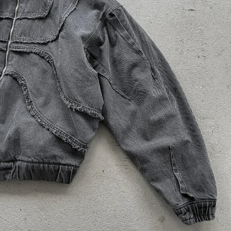 Washed Denim Hooded Jacket Unisex Patchwork Goth Streetwear