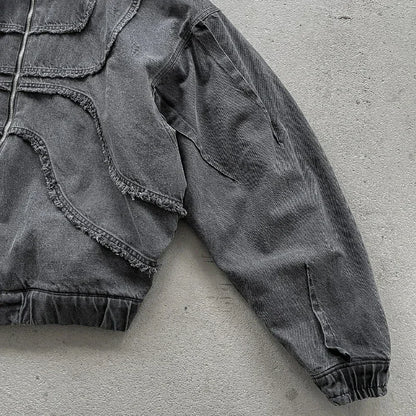 Washed Denim Hooded Jacket Unisex Patchwork Goth Streetwear