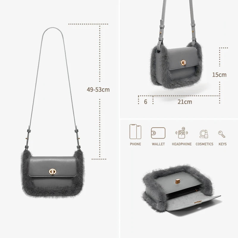 Fur Trim Genuine Leather Crossbody Shoulder Bag