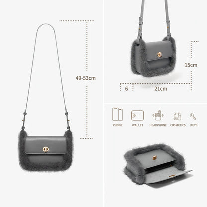 Fur Trim Genuine Leather Crossbody Shoulder Bag