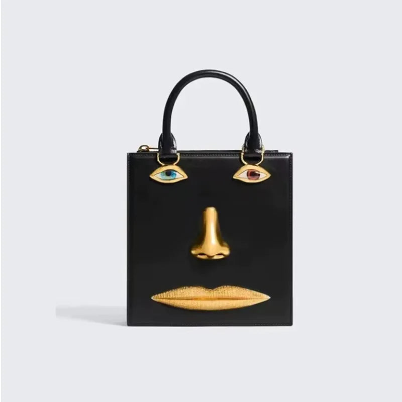 Face Art Leather Handbag – Gold-Tone Metal Accents