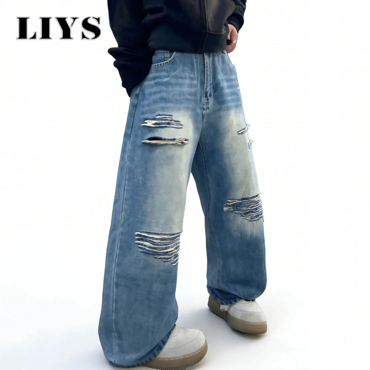 LIYS Baggy Wide Leg Ripped Jeans for Men – Blue Streetwear Denim
