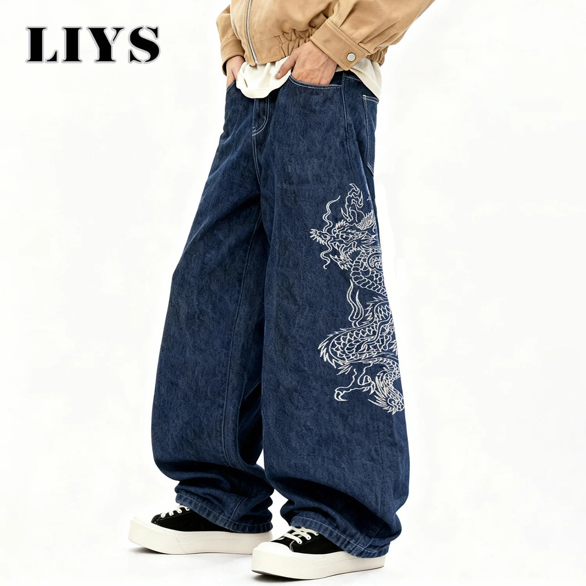 Dragon Embroidery Baggy Wide Leg Jeans for Men