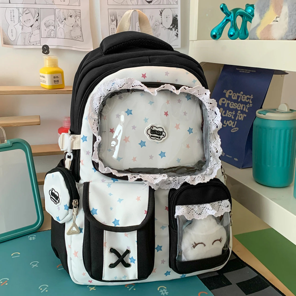 Cute Print Girls Backpack with Lace Decor – Large Capacity School Bag