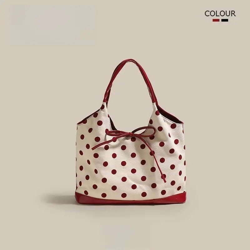 Retro Dot Red Handbag Women Versatile Bow Large Capacity