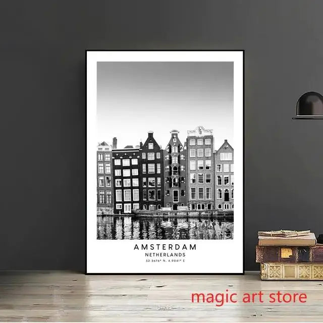 City Travel Poster – Black & White Landmark Wall Art Print for Home Decor