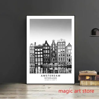 City Travel Poster – Black & White Landmark Wall Art Print for Home Decor