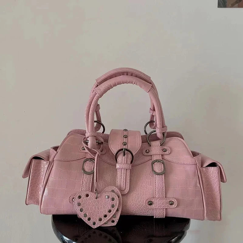 Vintage Pink Y2k Grunge Rivet Handle Crocodile Luxury Designer Bag