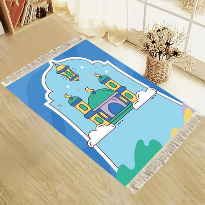 Kids Prayer Mat – Cartoon Mosque Blue Tasseled Rug