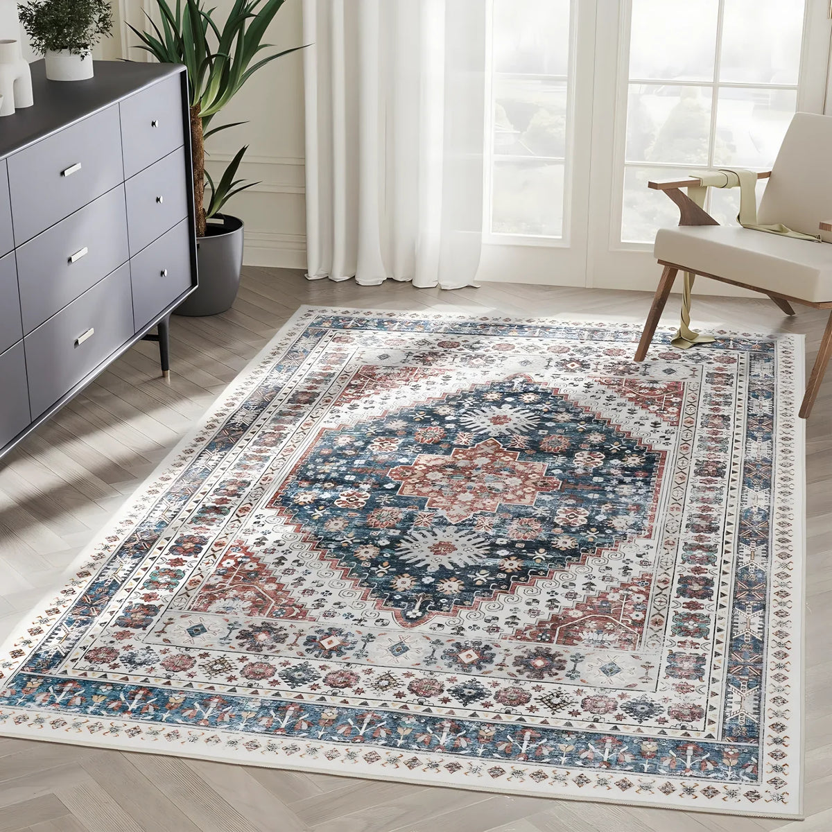 Bohemian Vintage Area Rug – Stain-Resistant Persian Medallion Carpet