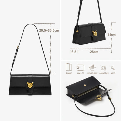 Leather Flap Shoulder Bag – Retro Cat Clasp Crossbody