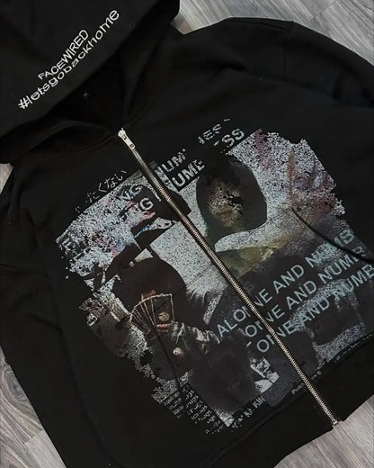Grunge Zip-Up Oversized Hoodie – Gothic Streetwear Sweatshirt