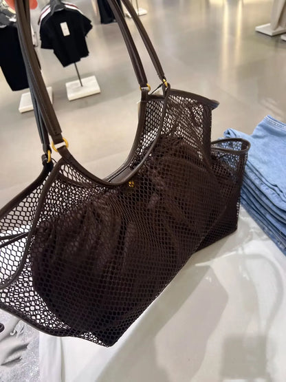 Large Mesh Tote Bag with Leather Trim – Women's Roomy Shoulder Bag