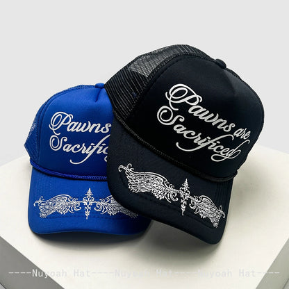 Mesh Trucker Cap with Wing & Letter Print – Unisex Hip Hop Baseball Hat