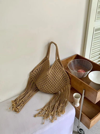 Straw Weave Tassel Tote Bag – Large Capacity Beach Shoulder Bag for Women