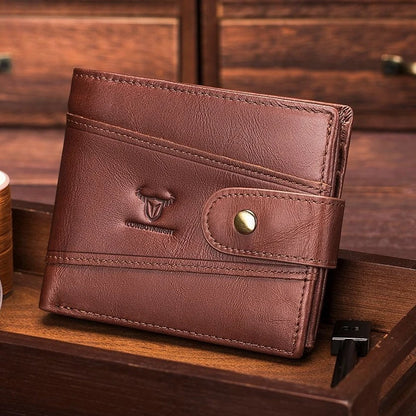 Men's Genuine Cowhide Leather Bifold Wallet with Snap Closure