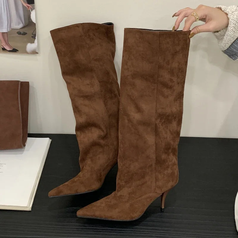 Women's Knee-High Stiletto Boots – Pointed Toe Suede Heels