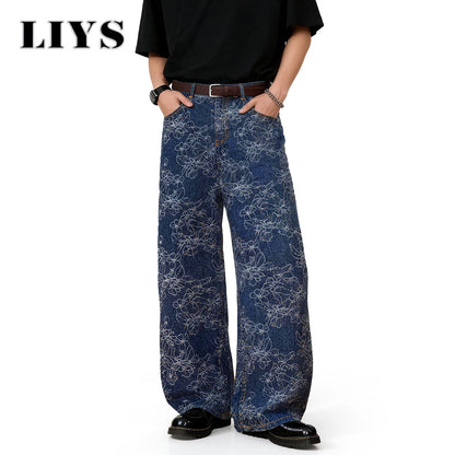 Floral Jacquard Baggy Wide Leg Jeans – Korean Retro Blue Denim