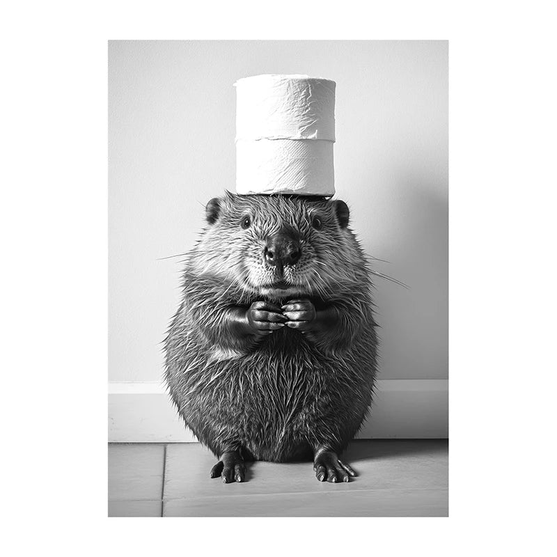 Funny Bathroom Wall Art Poster – Black & White Animal Toilet Paper Print