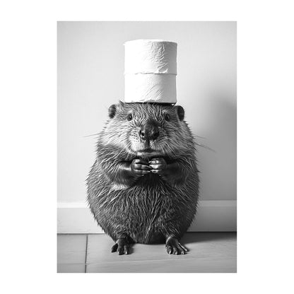Funny Bathroom Wall Art Poster – Black & White Animal Toilet Paper Print