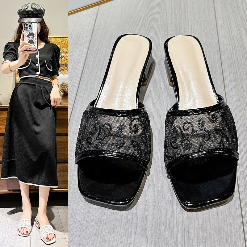 Embroidery Mesh Heeled Mules – Women's Square Toe Sandals