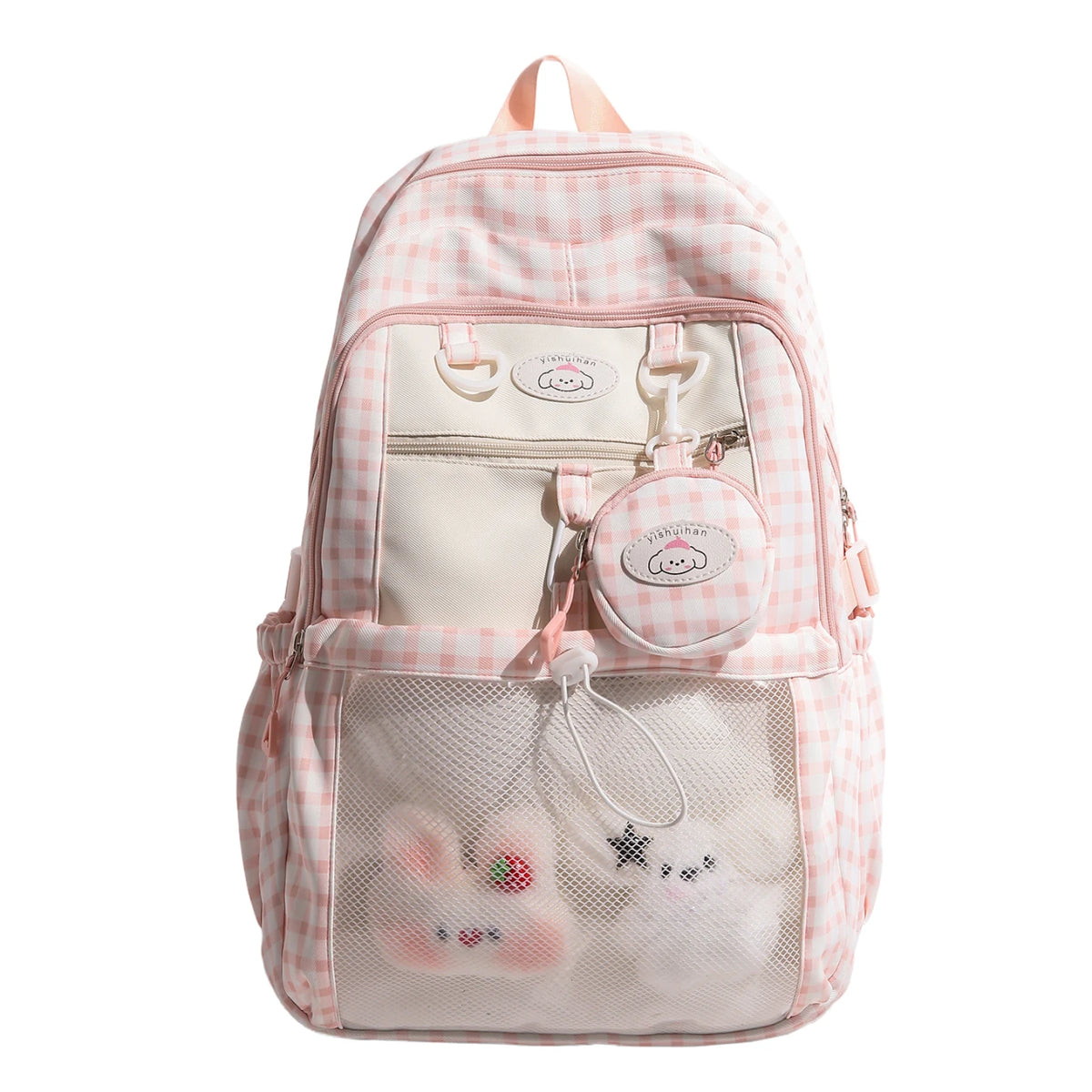 Kawaii Checkered Mesh Backpack for Girls – Cute School Bag