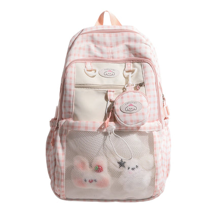 Kawaii Checkered Mesh Backpack for Girls – Cute School Bag