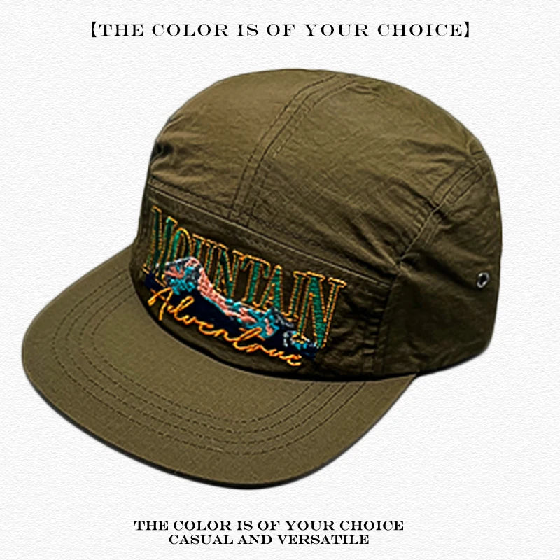 Mountain Adventure Embroidered 5-Panel Camp Cap – Quick-Dry Outdoor Hat