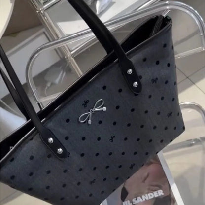 Sweet Cool Black Tote Bag Women College Style Trendy Bow Print